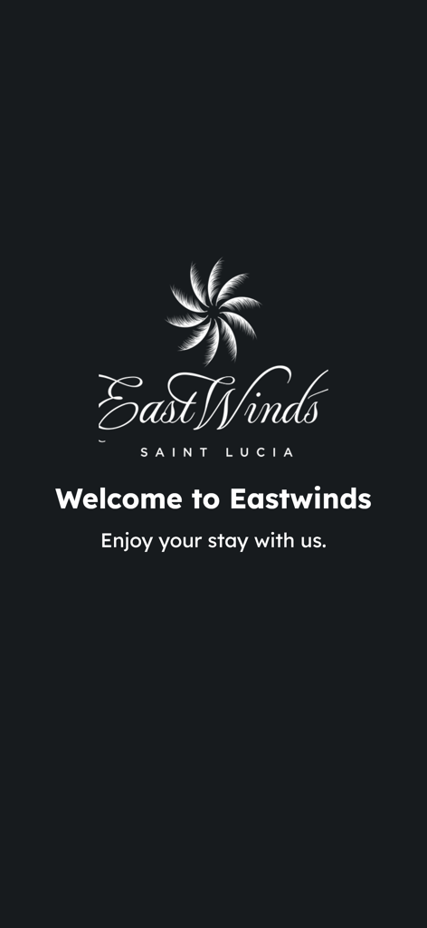 East Winds Saint Lucia 리조트 앱의 환영 화면으로, 공식 로고와 환영 메시지를 보여줍니다.
