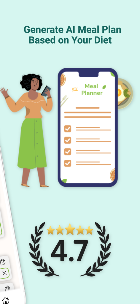 Meal Planner Family - Écran promotionnel de l'application Meal Planner Family mettant en avant les plans de repas générés par IA et une note de 4,7 étoiles