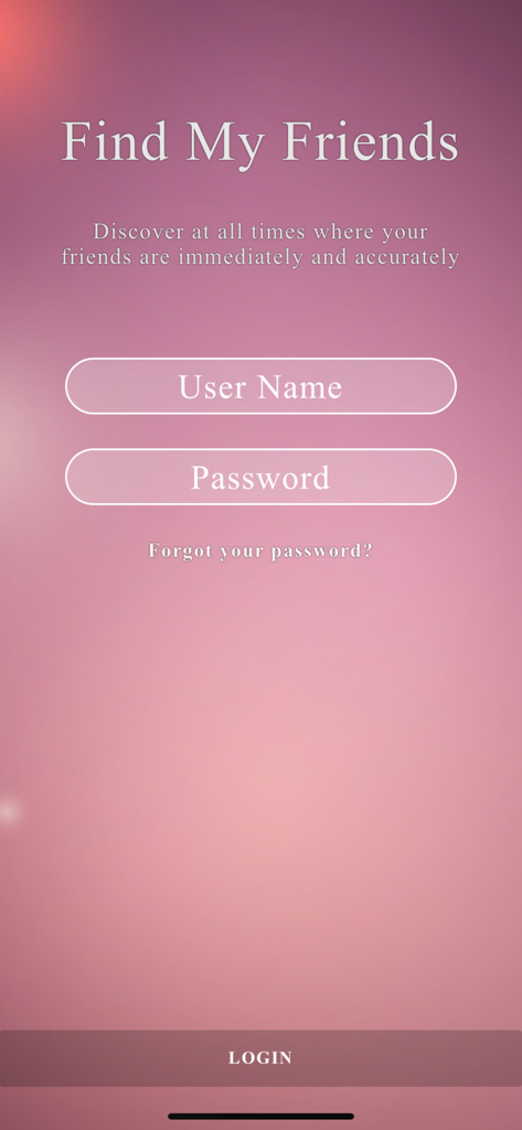 Find Friends - Localizame - Pantalla de inicio de sesión de la aplicación móvil Find My Friends con campos para nombre de usuario y contraseña.