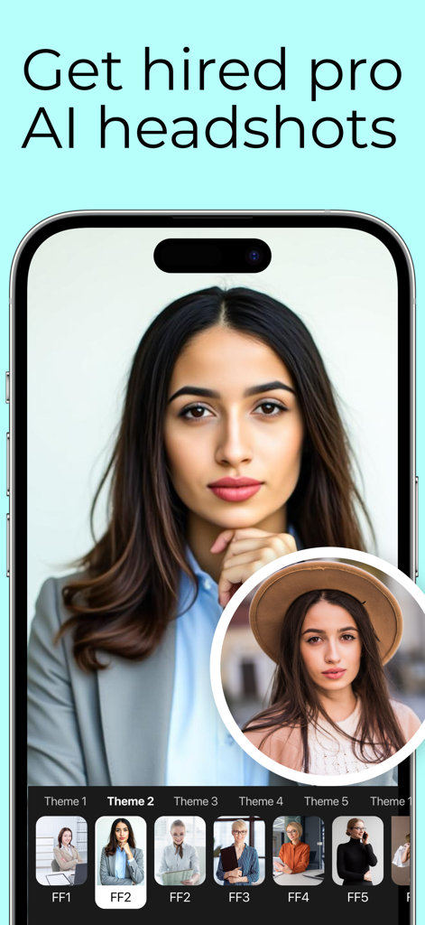 PhotoBoost - AI Photo Enhancer - PhotoBoost app interface showing a professional AI headshot generated from a casual photo.