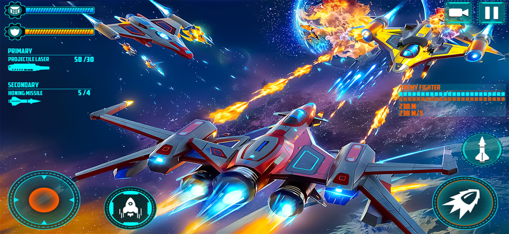 Alien Rescue : Galaxy Shooter - Intense space battle with red starship firing lasers and missiles at enemy fighters