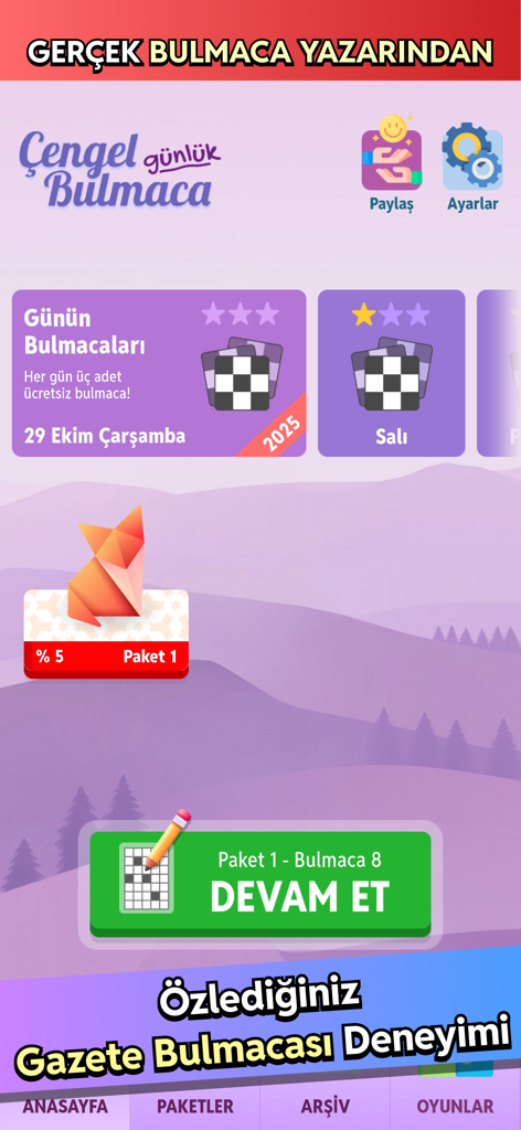 Çengel Bulmaca - Günlük - Menu principale dell'app Cengel Bulmaca che mostra cruciverba turchi giornalieri e progressi di gioco