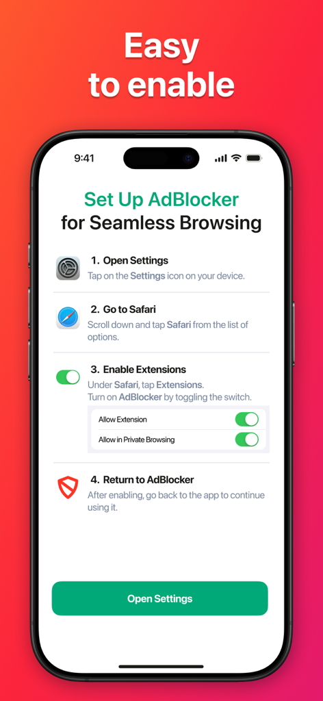 Pro Block – Safari Ad Blocker - A step by step guide showing how to set up and enable the Pro Block Safari Ad Blocker extension on an iPhone.