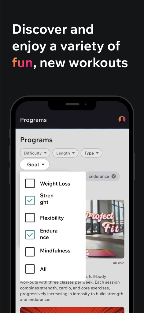 Mobile screen of the Hoola app displaying workout program filters for strength and endurance goals.