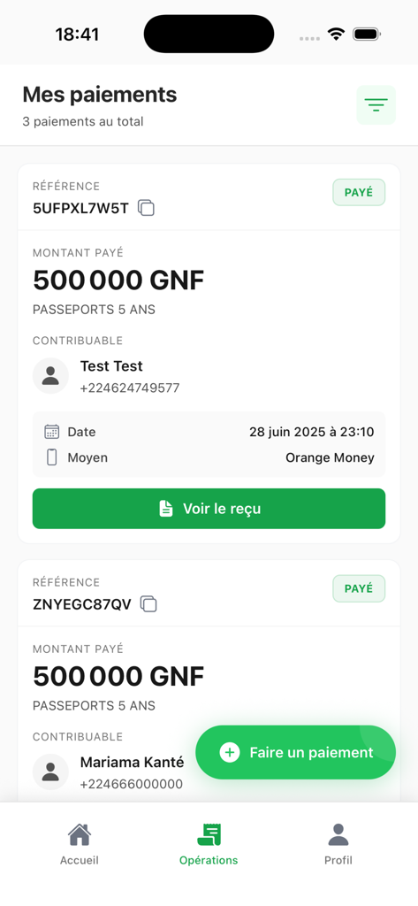 TresoPay - Transaction list in the TresoPay app showing a payment for a 5-year passport with the status paid and a button to view the official receipt.