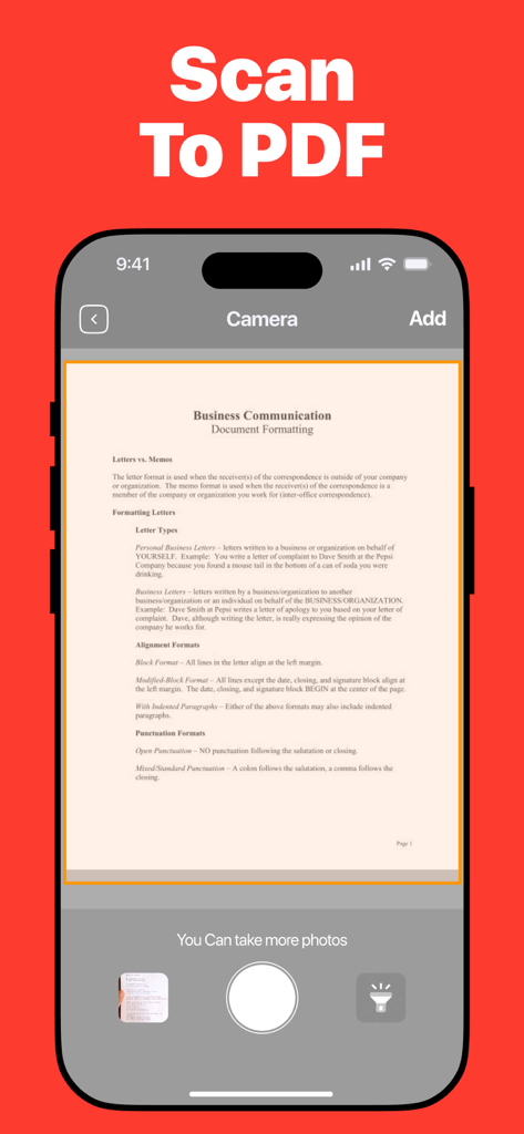 PDF Converter: Convert to PDFㅤ - Interfaccia iPhone che mostra la scansione di un documento aziendale in PDF con una fotocamera mobile