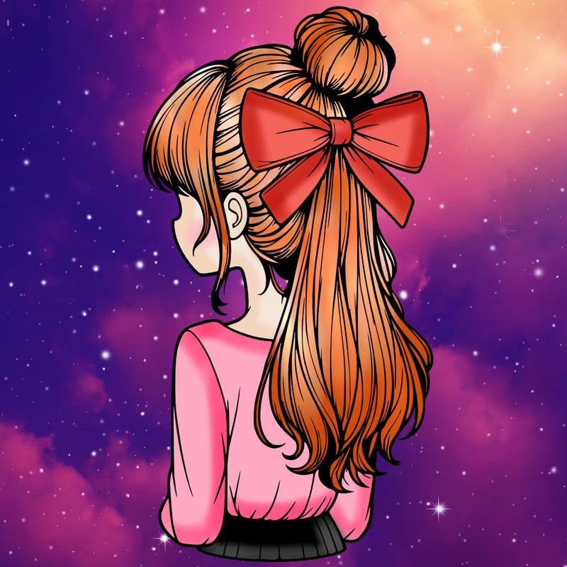 realistic girl  with hip length hair a bun and a big bow on the back of head