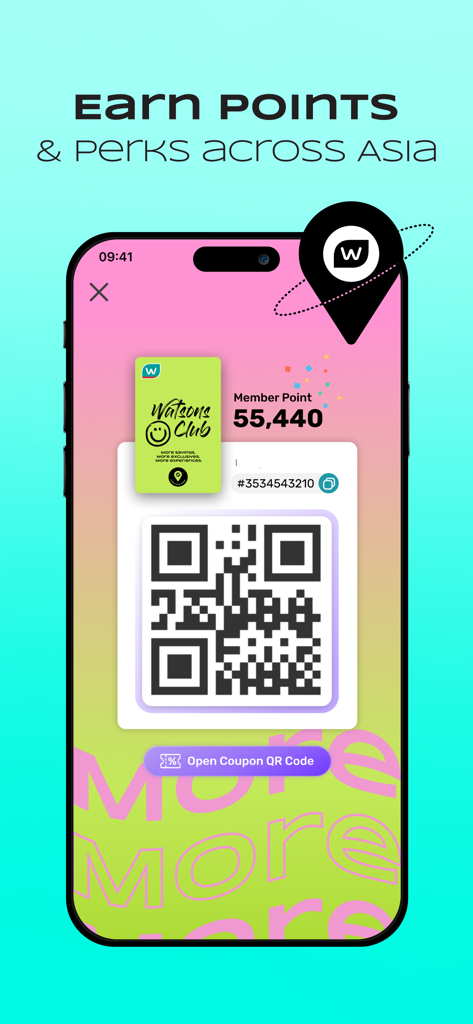Uno schermo mobile che mostra la tessera membro virtuale Watsons Filippine con un codice QR e il saldo dei punti premio.