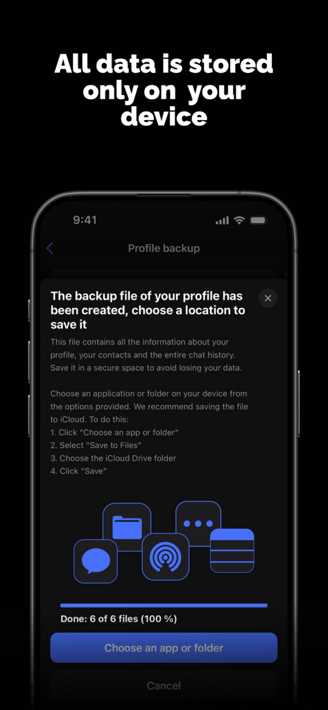Screenshot of Chattti app showing the profile backup screen with the header All data is stored only on your device