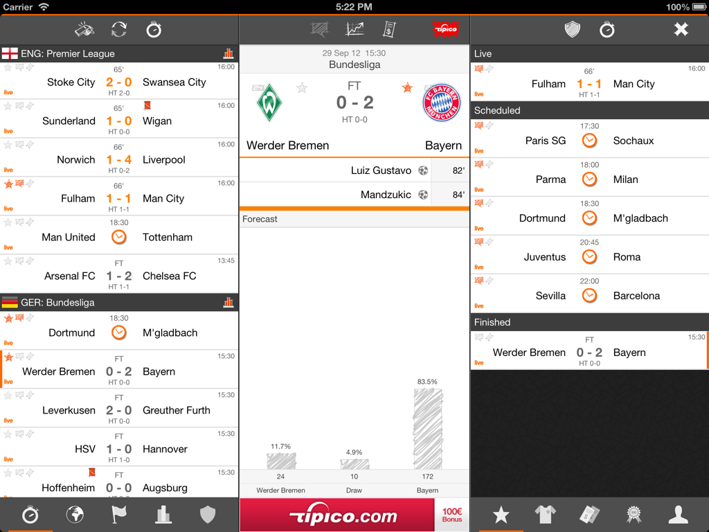 Futbol24 HD - Tableau de bord de l'application Futbol24 HD sur iPad affichant les scores de football en direct et les pronostics de paris sur les matchs.