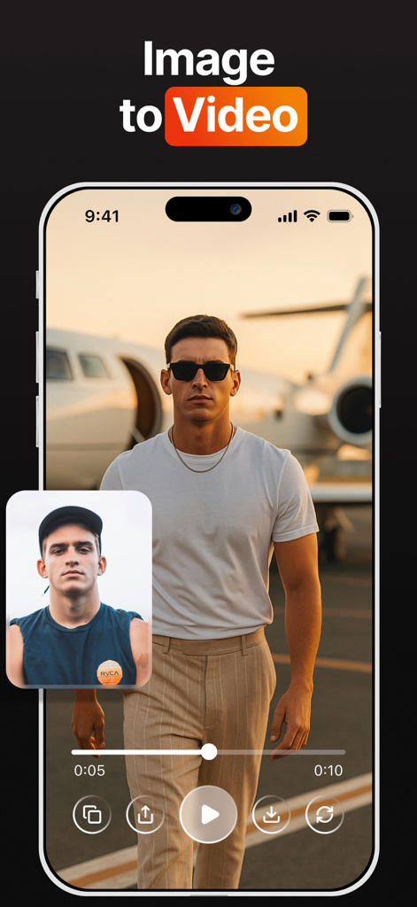 Interface do aplicativo Hedra AI mostrando um retrato estático sendo transformado em um vídeo cinematográfico em frente a um jato particular.