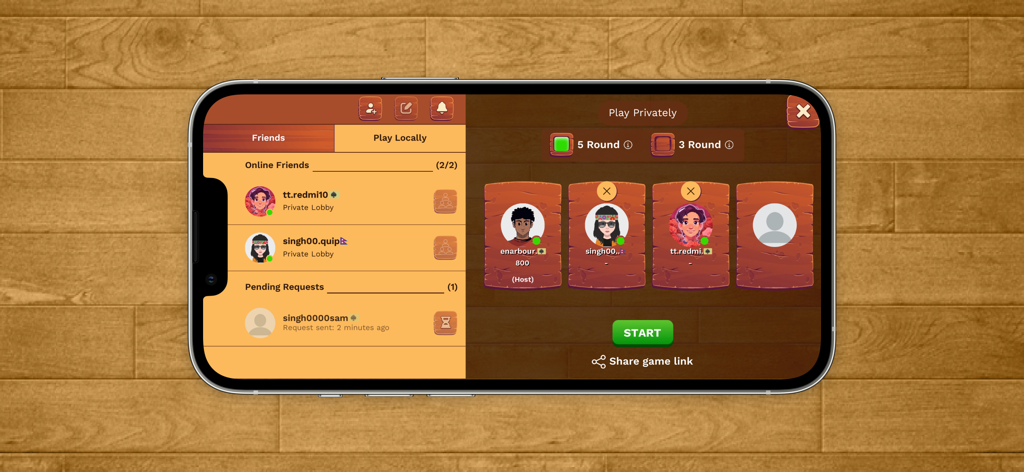 Callbreak : Card game - Private multiplayer lobby in Callbreak card game showing online friends and player slots