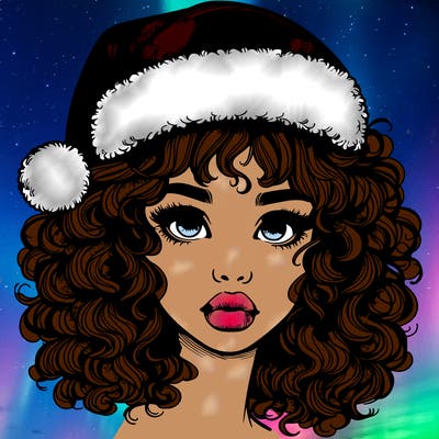 realistic girl with a santa hat curly hair and lips
