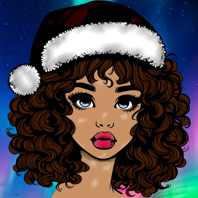 realistic girl with a santa hat curly hair and lips
