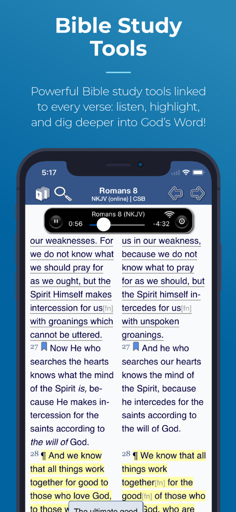 Blue Letter Bible app interface showing parallel scripture translations and audio study tools for Romans chapter 8