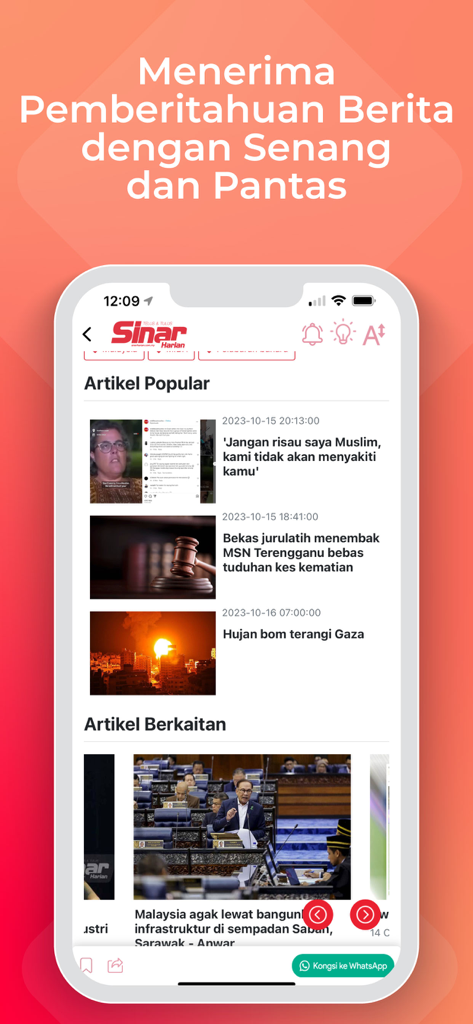 Sinar Harian app screen showing popular Malaysian news articles and sharing options