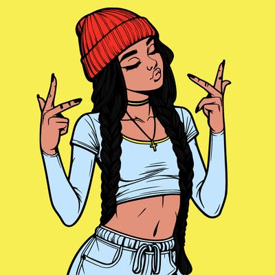 realistic teenage girl with braids and a beanie and crop top doing 🫶🏼