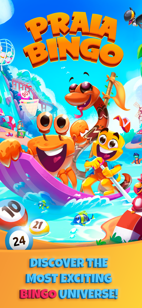 Praia Bingo: Bingo Online - Pantalla de inicio del juego online Praia Bingo con personajes tropicales de playa y bolas de bingo