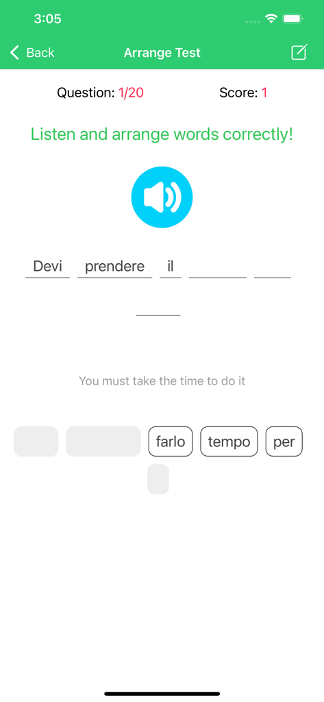 Learn Italian Phrases Premium - An interactive word arrangement test screen in the Learn Italian Phrases app where a user builds a sentence by selecting words.