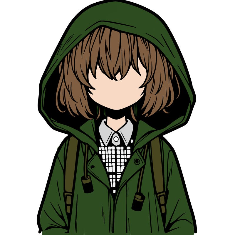 little anime girl in a raincoat her hair is covering her eyes she has a lighter