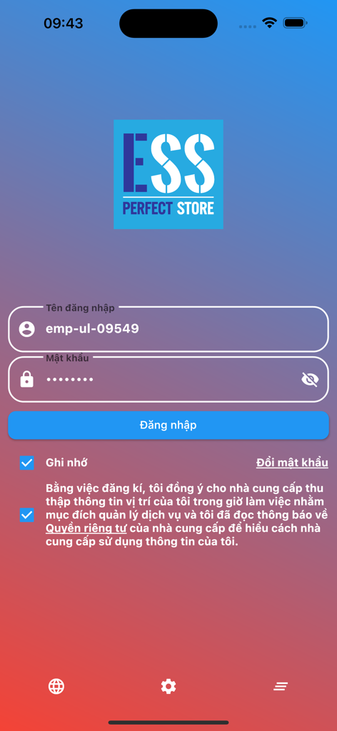 ESS Mobile Login-Oberfläche mit Benutzernamen- und Passwortfeldern