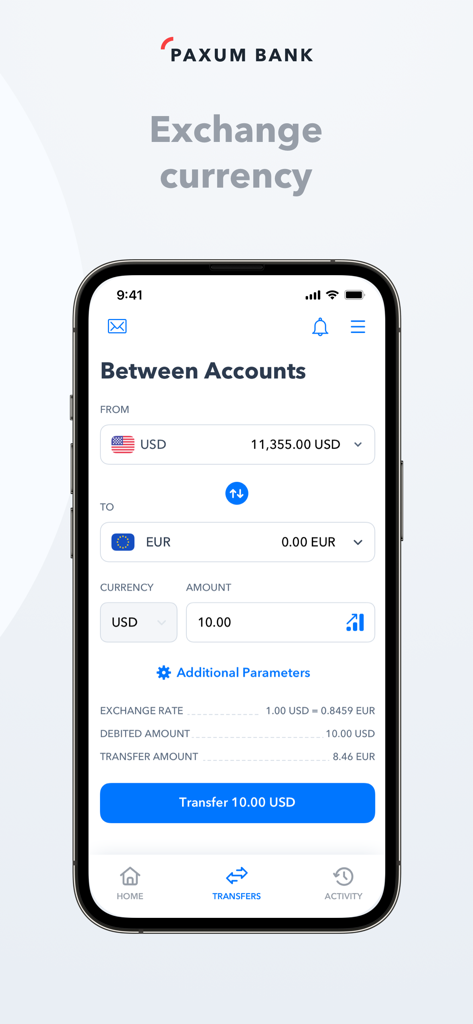 Paxum Bank - Paxum Bank mobile app interface showing a currency exchange transaction from USD to EUR.