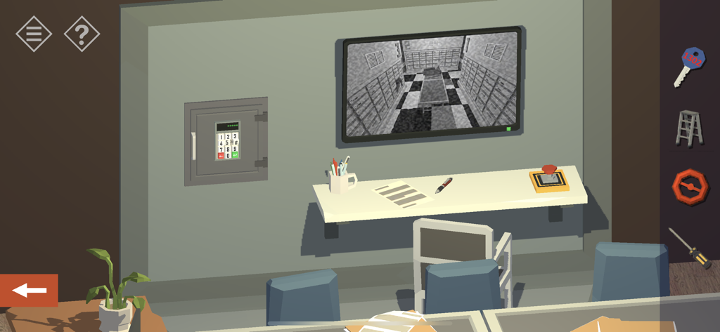 Un bureau de sécurité 3D low-poly avec un clavier et un moniteur affichant un flux de caméra dans Tiny Room Story Town Mystery