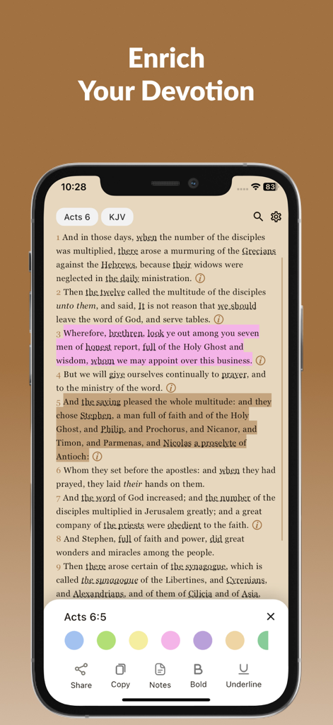 Dag Bible - Interfaz de la aplicación Biblia Dag que muestra el resaltado de las escrituras y las herramientas de estudio para devocionales personalizados.