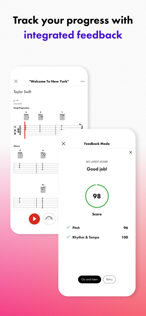 Fender Play: Learn Guitar - Fender Play app screen showing guitar tabs for a Taylor Swift song and a feedback score for pitch and rhythm