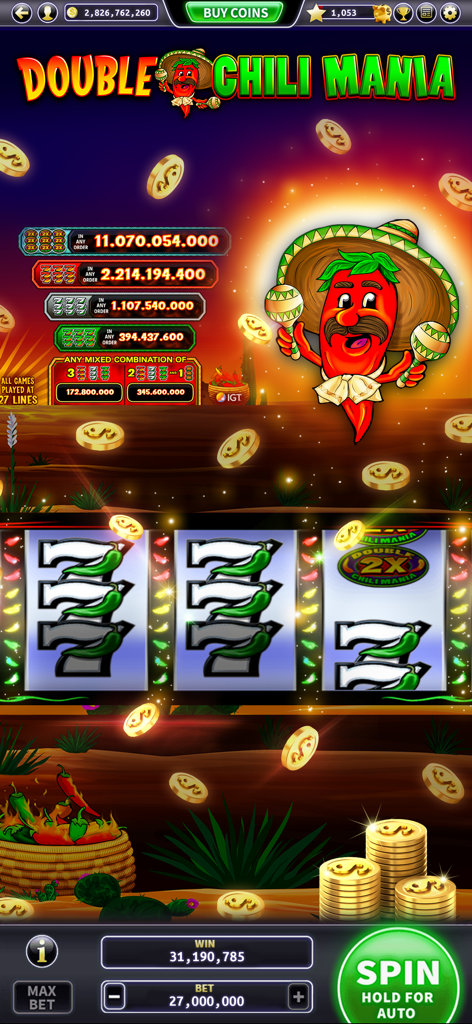 Lake of The Torches Slots - Lake of the Torches Slots gameplay showing the Double Chili Mania machine with a festive chili character and spinning reels.