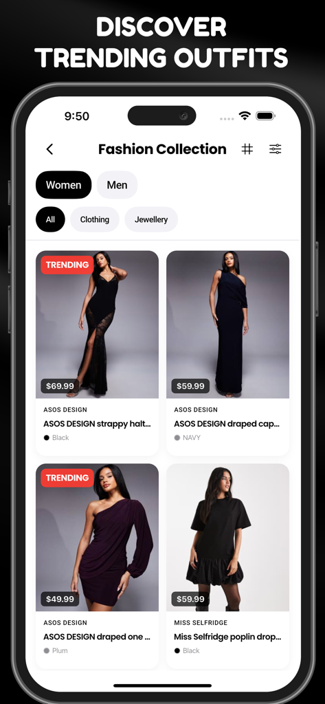 Smart Closet: Your AI Stylist - Una pantalla de smartphone que muestra una colección de moda de tendencia con una cuadrícula de vestidos elegantes en una aplicación de armario móvil.