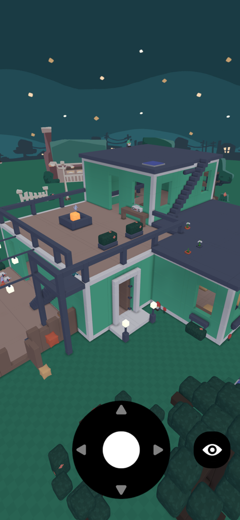 Yeeps Companion - Spectate mode in Yeeps Companion showing a low poly green house at night with on screen movement controls.