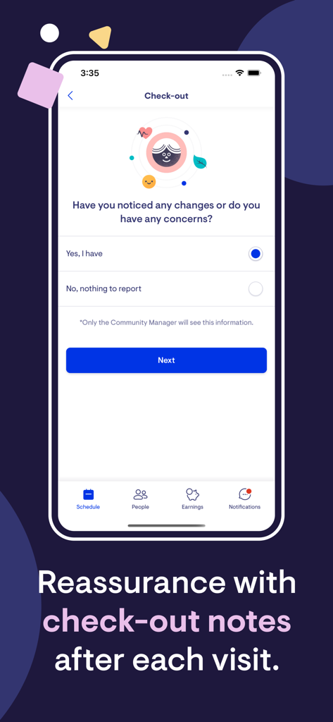 Lookout - Lookout app check-out screen where care workers report visit concerns to provide family reassurance.