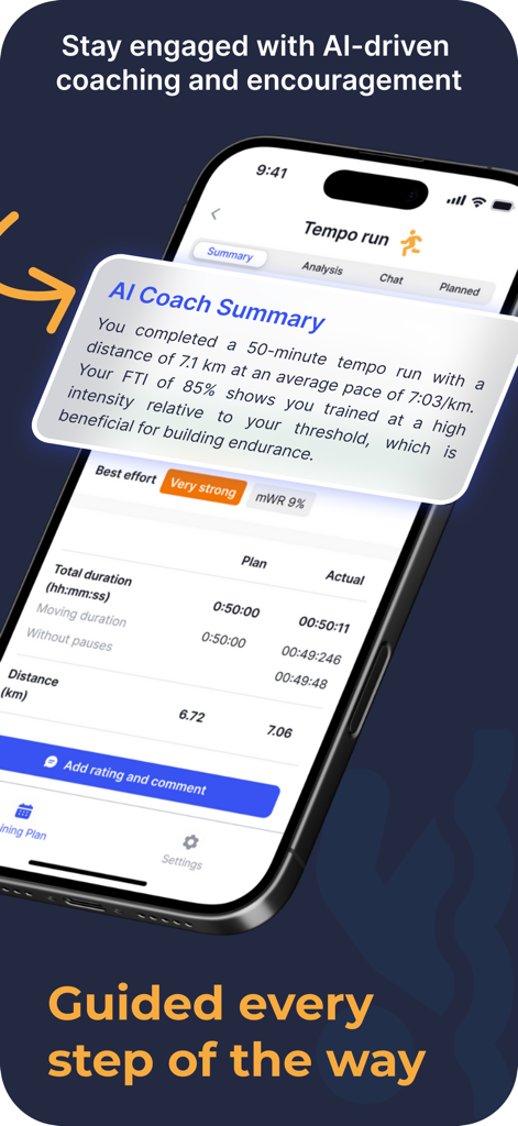 Athletica AI Training Plans - Captura de pantalla de la aplicación Athletica AI Training Plans que muestra un Resumen del Entrenador de IA con comentarios detallados y métricas de rendimiento después de una carrera de tempo.