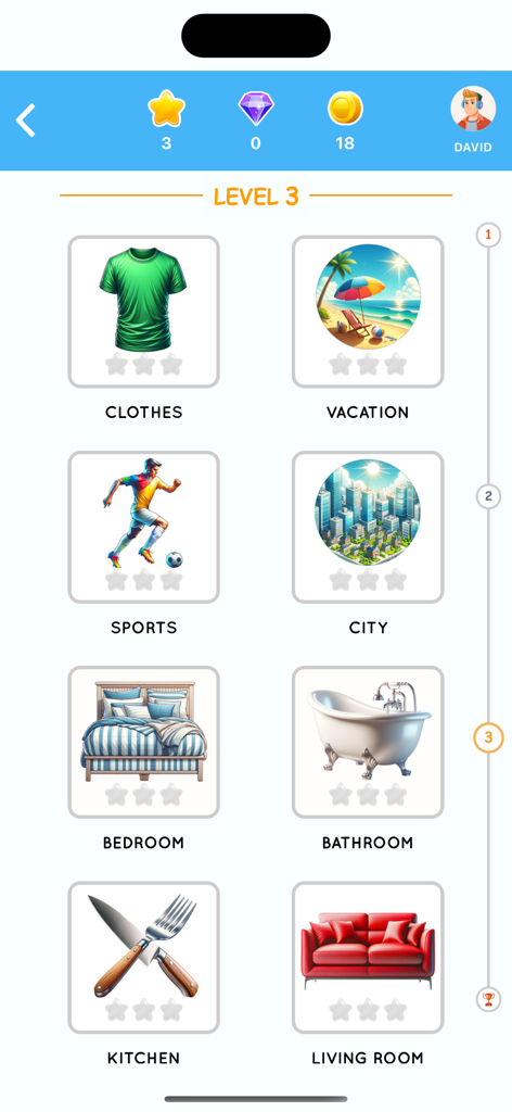 English learning app screen showing Level 3 vocabulary categories with icons for clothes vacation sports city and house rooms