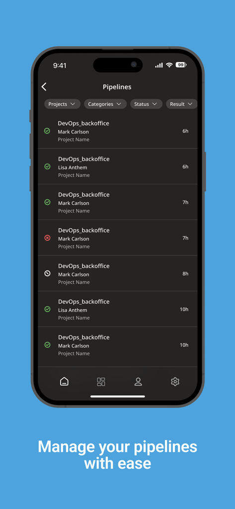 Az DevOps - iPhone screen showing a list of software pipelines and build statuses in the Az DevOps mobile app