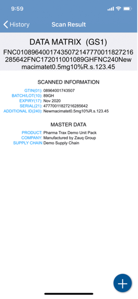 PHARMA TRAX SCANNER - Mobile app screen displaying pharmaceutical scan results including GS1 data matrix and product master data