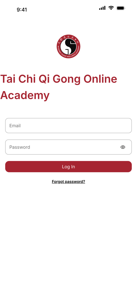 Écran de connexion pour l'application Tai Chi Qi Gong Online Academy