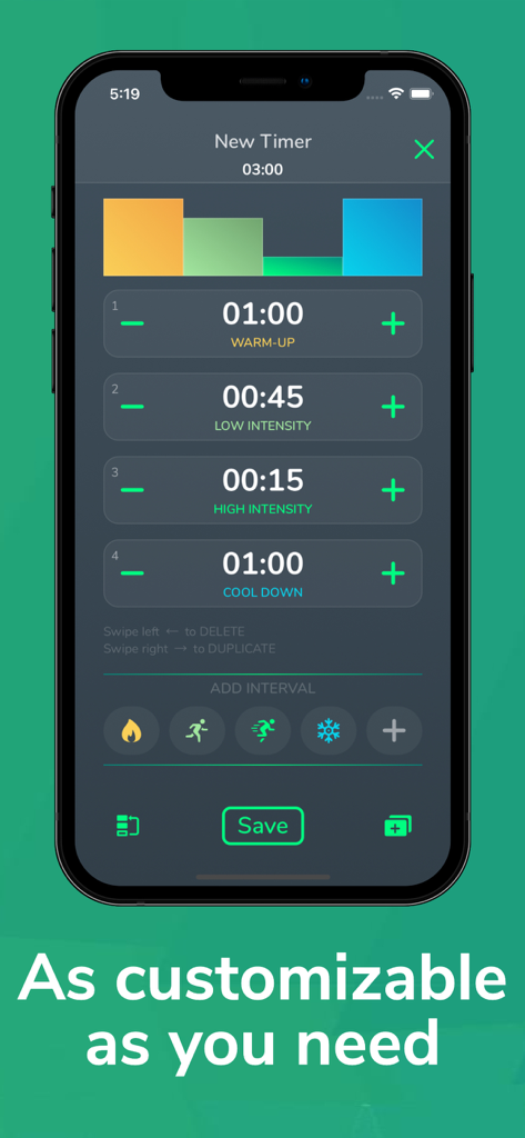 Tabata & HIIT Timer | Cero Pro - Custom interval timer setup in the Cero Pro fitness app showing warm up and high intensity periods