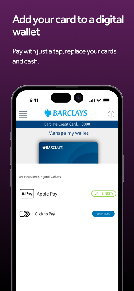 Interface of the Barclays US app for managing digital wallets like Apple Pay and Click to Pay