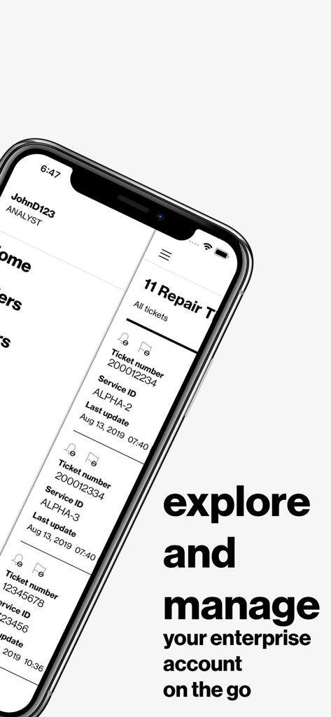 エンタープライズアカウントのアクティブなネットワーク修理チケットの一覧を表示するモバイルインターフェース