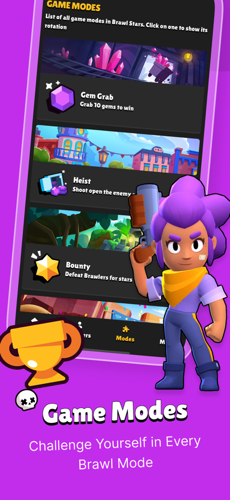 Insider for Brawl Stars - Captura de pantalla de la aplicación Insider para Brawl Stars que muestra modos de juego como Atraco, Cazatesoros y Zona de Recompensa