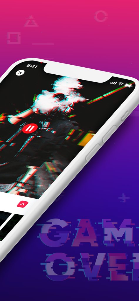 Glitch.Video - Smartphone screen displaying a video with glitch effects and a Game Over graphic background