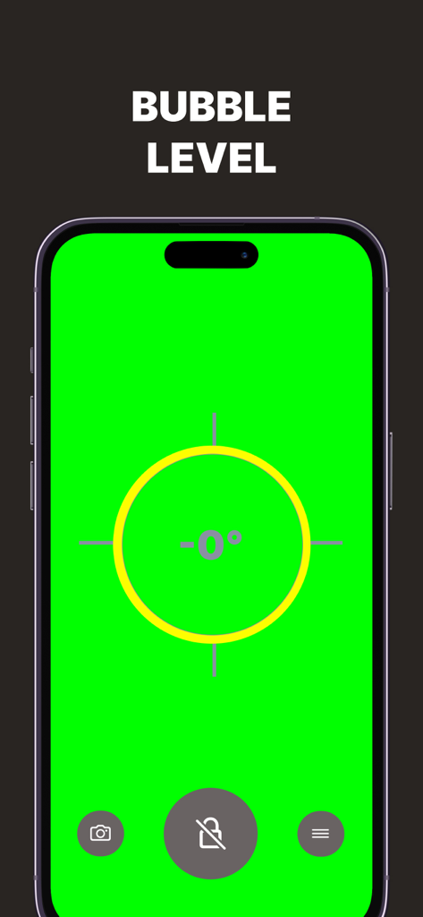 Tape Measure+ AR Digital Ruler - A smartphone interface displaying the green bubble level feature of the Tape Measure Plus app used for precision leveling