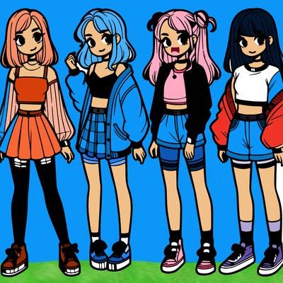 one girl with crop-top shirt and a jacket with a skirt, long socks and another girl with a shirt and pants with a jacket