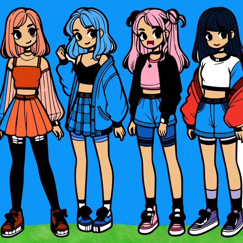 one girl with crop-top shirt and a jacket with a skirt, long socks and another girl with a shirt and pants with a jacket