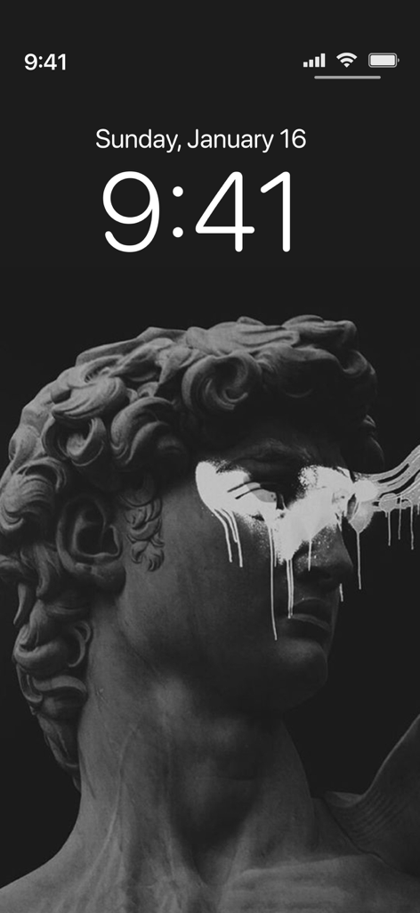 iPhone lock screen showing a black aesthetic statue wallpaper with white paint drips