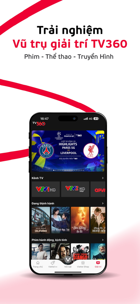 Interface de l'application My Viettel montrant la section divertissement TV360 avec des films vietnamiens, les temps forts sportifs et les chaînes de télévision en direct.