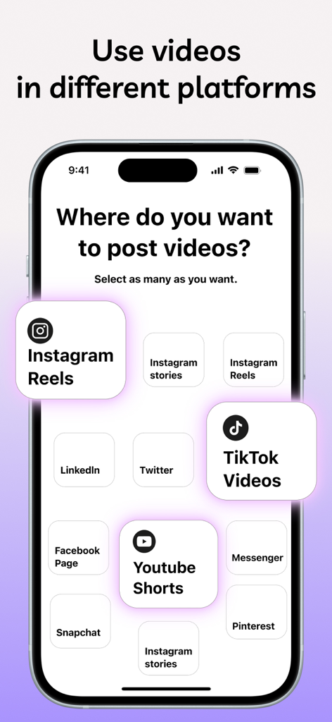 Floating Notes Teleprompter - Schermata dell'app mobile che mostra le opzioni per selezionare piattaforme di social media come Instagram, TikTok e YouTube per la pubblicazione di video