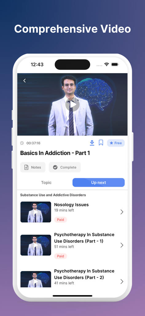 Conceptual Psych - A mobile app interface displaying a video lecture on addiction basics within the Conceptual Psych education platform.